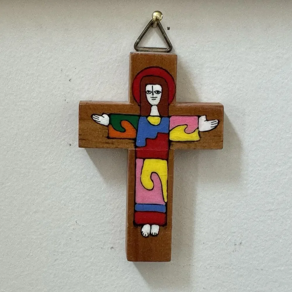 Cross with Christ El Salvador Vtg Crucifix Handmade Colorful Jesus Religious
